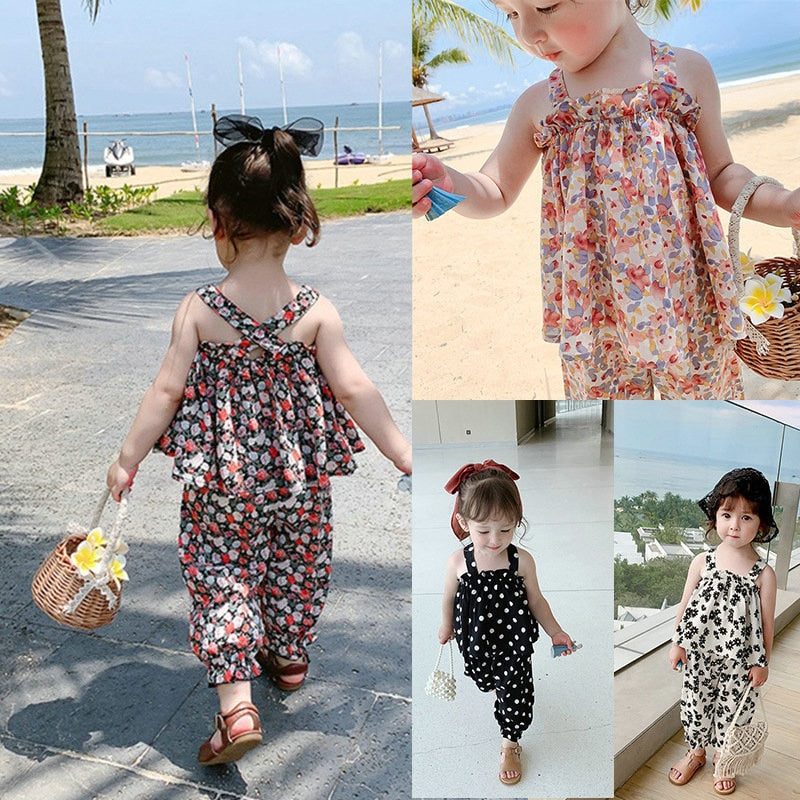 Summer Girls' Clothing Sets Back Cross Flower Suspender Top+ Nine-Point Pants Baby Children Clothes Suit Fashion Kids Outfit